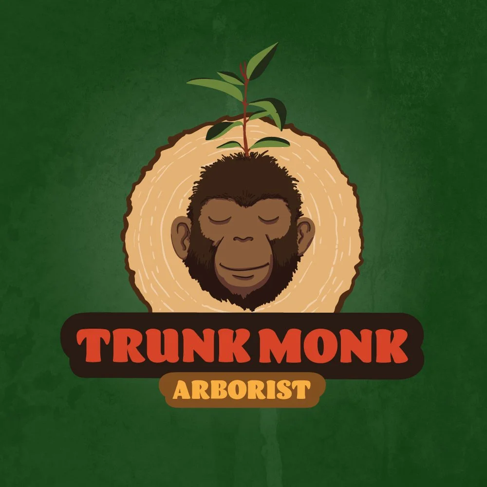 Logo Design: A logo featuring a smiling monkey's face inside a cross-section of a tree trunk with a small green plant on top. Text reads 'TRUNK MONK' in large red letters and 'ARBORIST' in smaller yellow letters on a black banner.