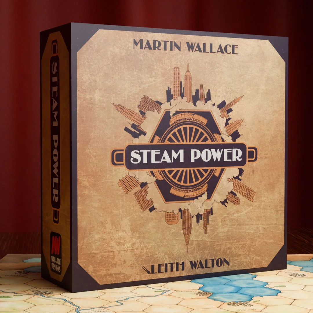 Board game box titled 'Steam Power' by Martin Wallace and Leith Walton, featuring a graphic of a city skyline with a steampunk style aesthetic. The box is placed on a map.