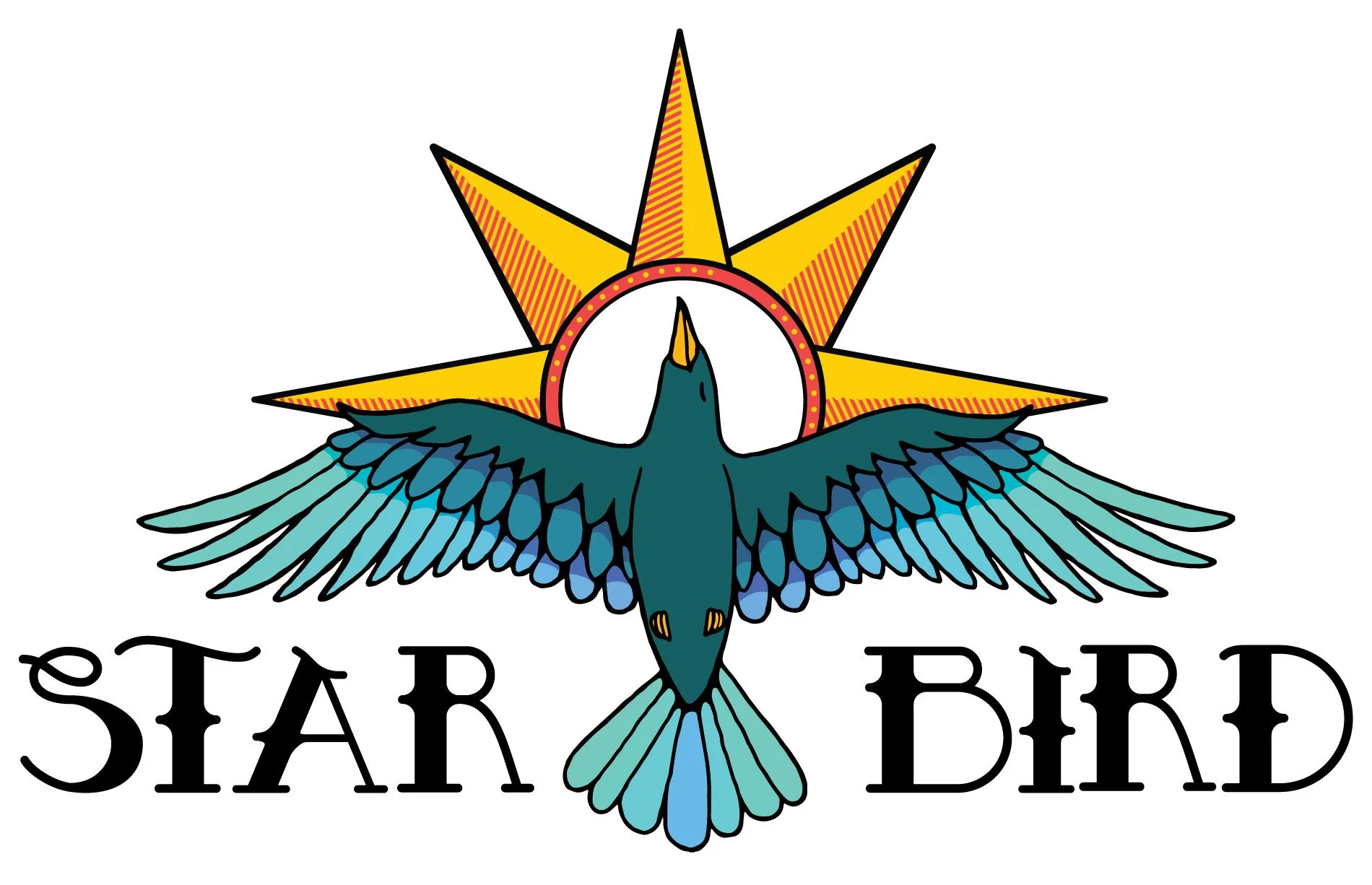 Logo Design: A colorful star with a bird in front, wings spread, and the words 'Star Bird' underneath.