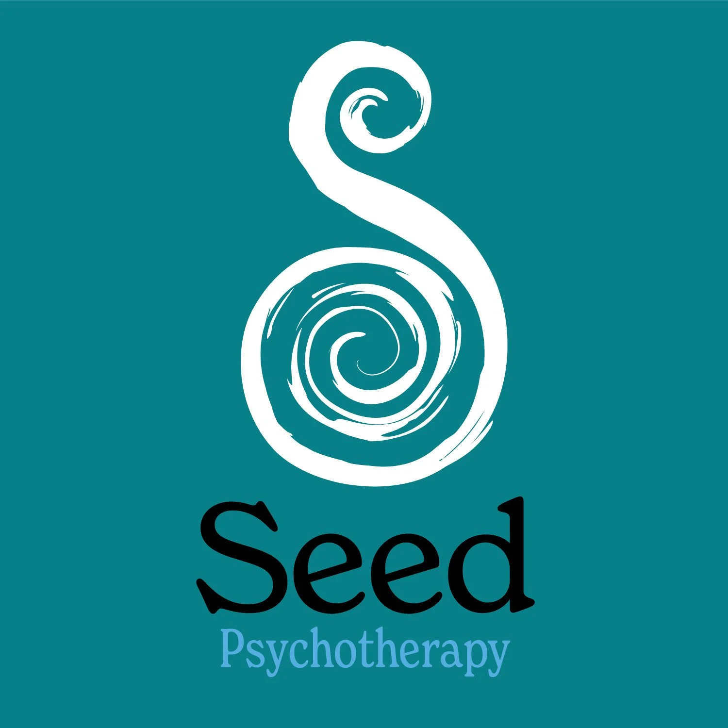 Logo Design: Logo for Seed Psychotherapy featuring a white spiral design on a teal background with the words 'Seed Psychotherapy' below.
