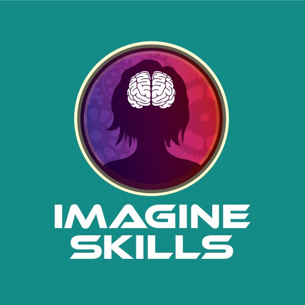 Logo Design: Logo with a silhouette of a person with hair, a brain illustration inside the head, and the text 'IMAGINE SKILLS' below.