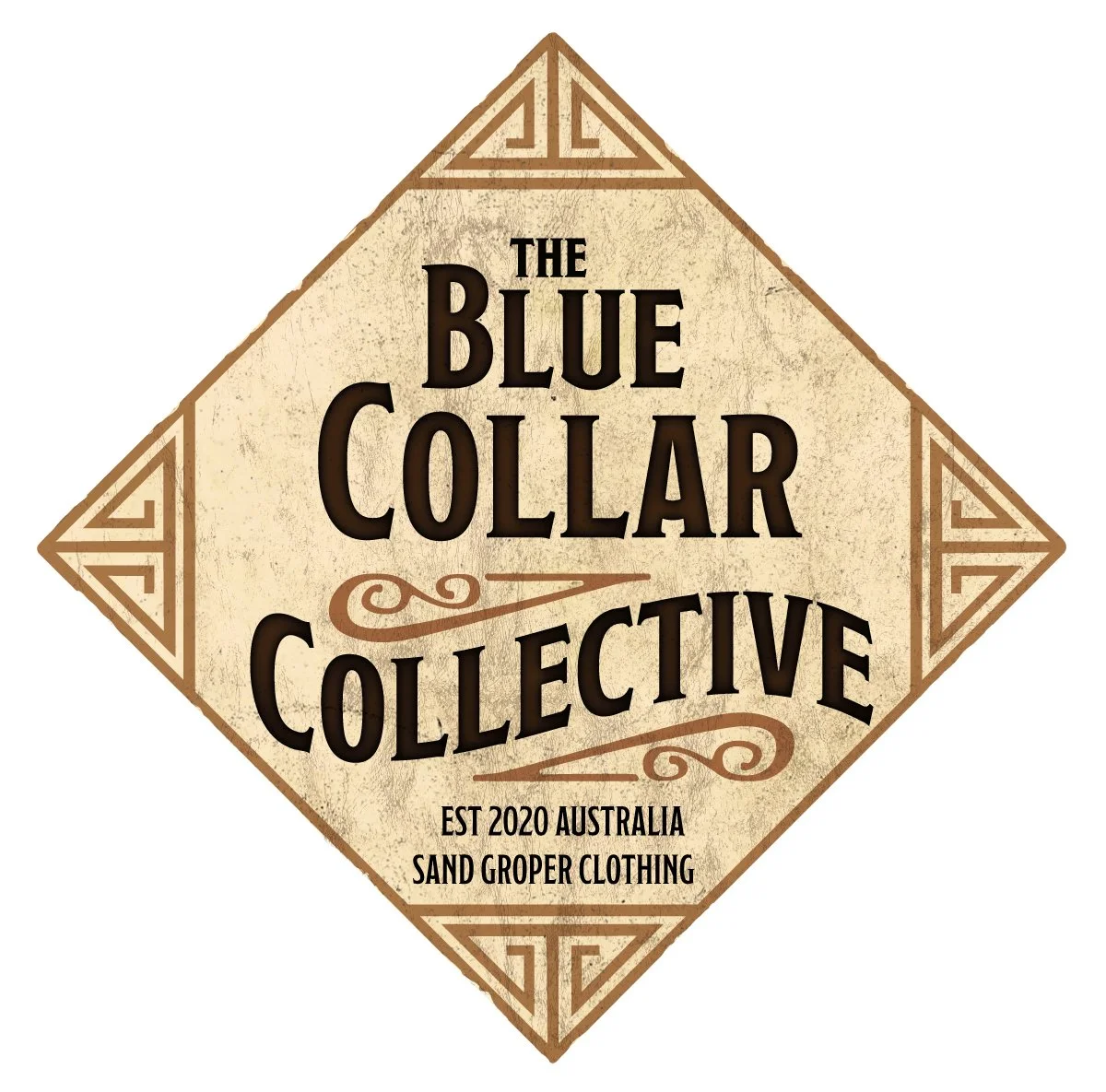 Logo Design: A diamond-shaped logo with a vintage look for 'The Blue Collar Collective,' featuring decorative borders and text stating 'Est 2020 Australia' and 'Sand Gropers Clothing'.