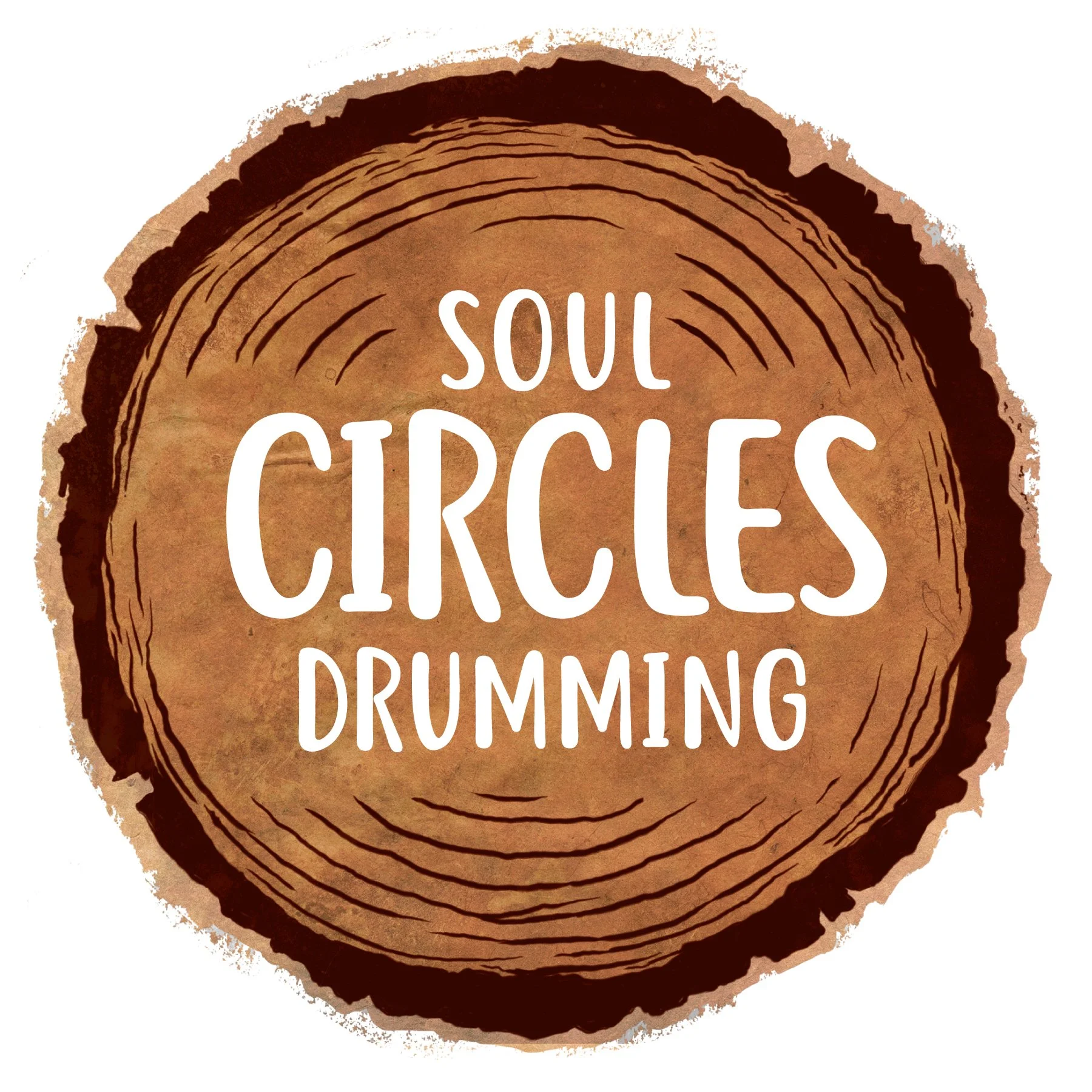 Logo Design: Text overlay on a tree cross-section illustration that reads 'Soul Circles Drumming' in white, stylized font.