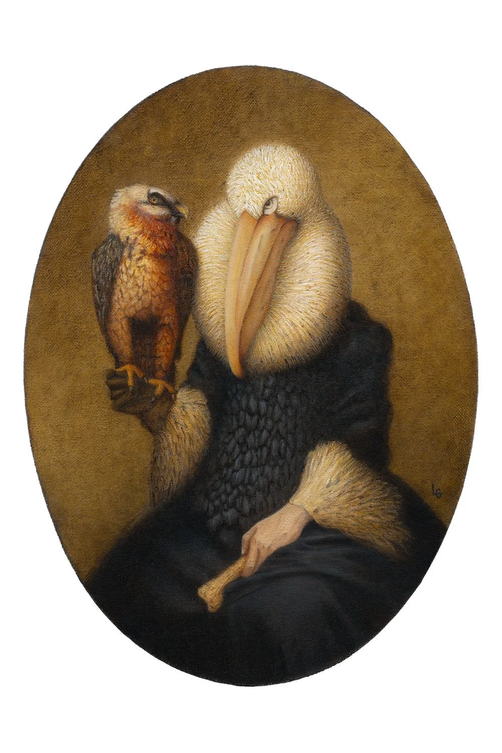 Baroque surrealist oil painting of an elder pelican-woman queen in black with a vulture companion, miniature portrait by Leticia Gravitania