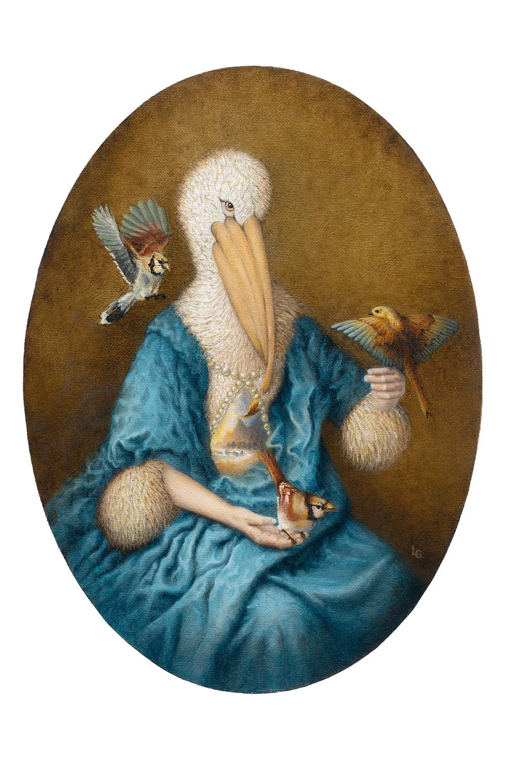 Baroque oil painting of a young pelican-woman queen in indigo blue gown, miniature portrait by Leticia Gravitania