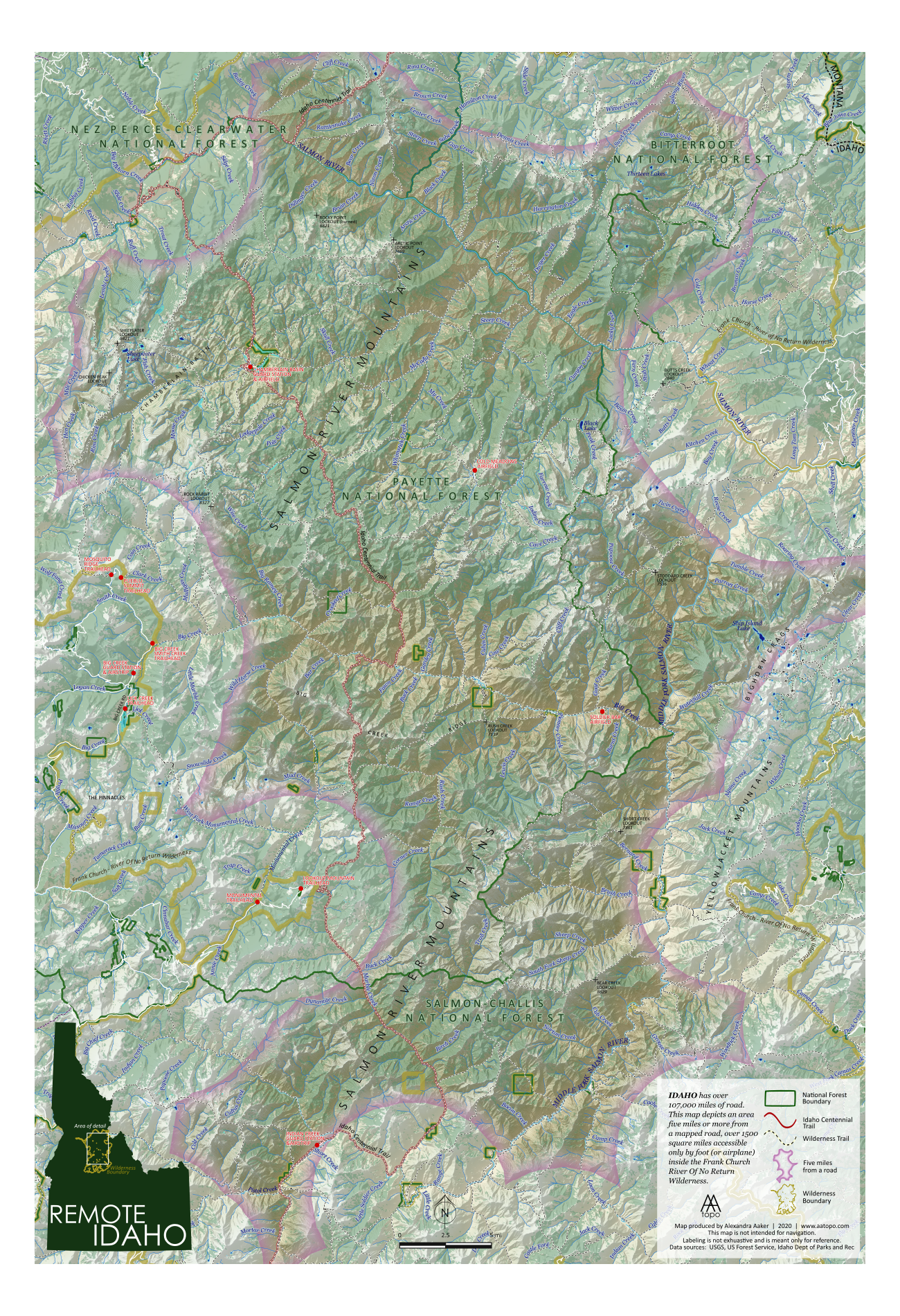 Frank Church Wilderness mapThis map highlights a remote area inside of the Frank Church - River of No Return wilderness area that is five miles or more for a developed road.  A unique gift for hikers that really like to get away from it all.