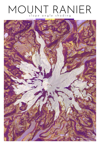 Mount Rainier mapThis artistic map of Mount Rainier is created by coloring the mountain based on the steepness of the slope. The result is a unique map art print of a stunning peak.  A great gift idea for hikers and climbers.  More of a Mount Adams or Mount Hood person?  I’ve got you covered!