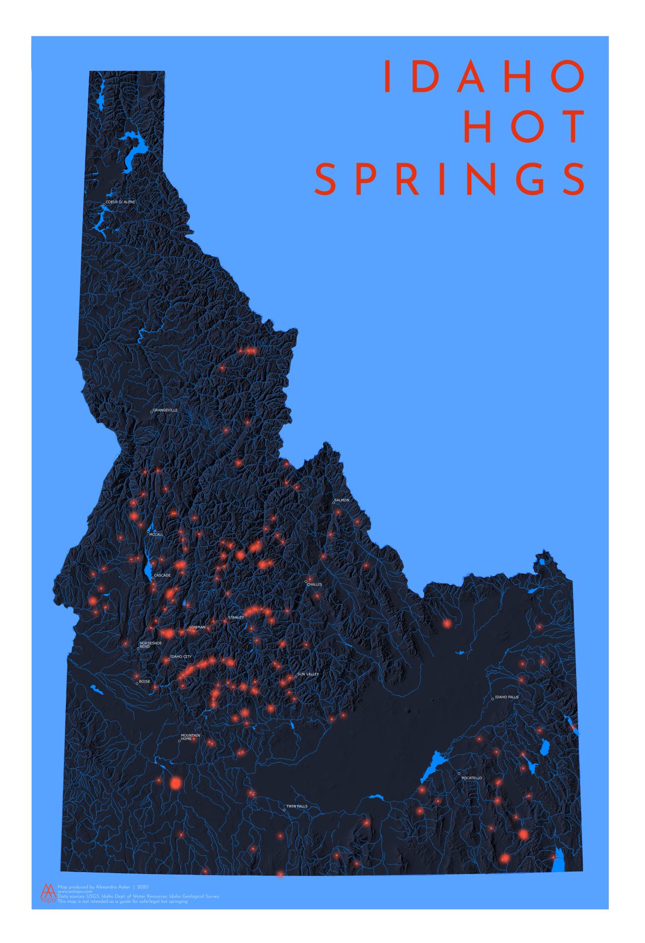 Idaho Hot Springs mapA map of all of Idaho’s hot springs.  This pretty, graphic map print is a fun look at Idaho’s hot spots.