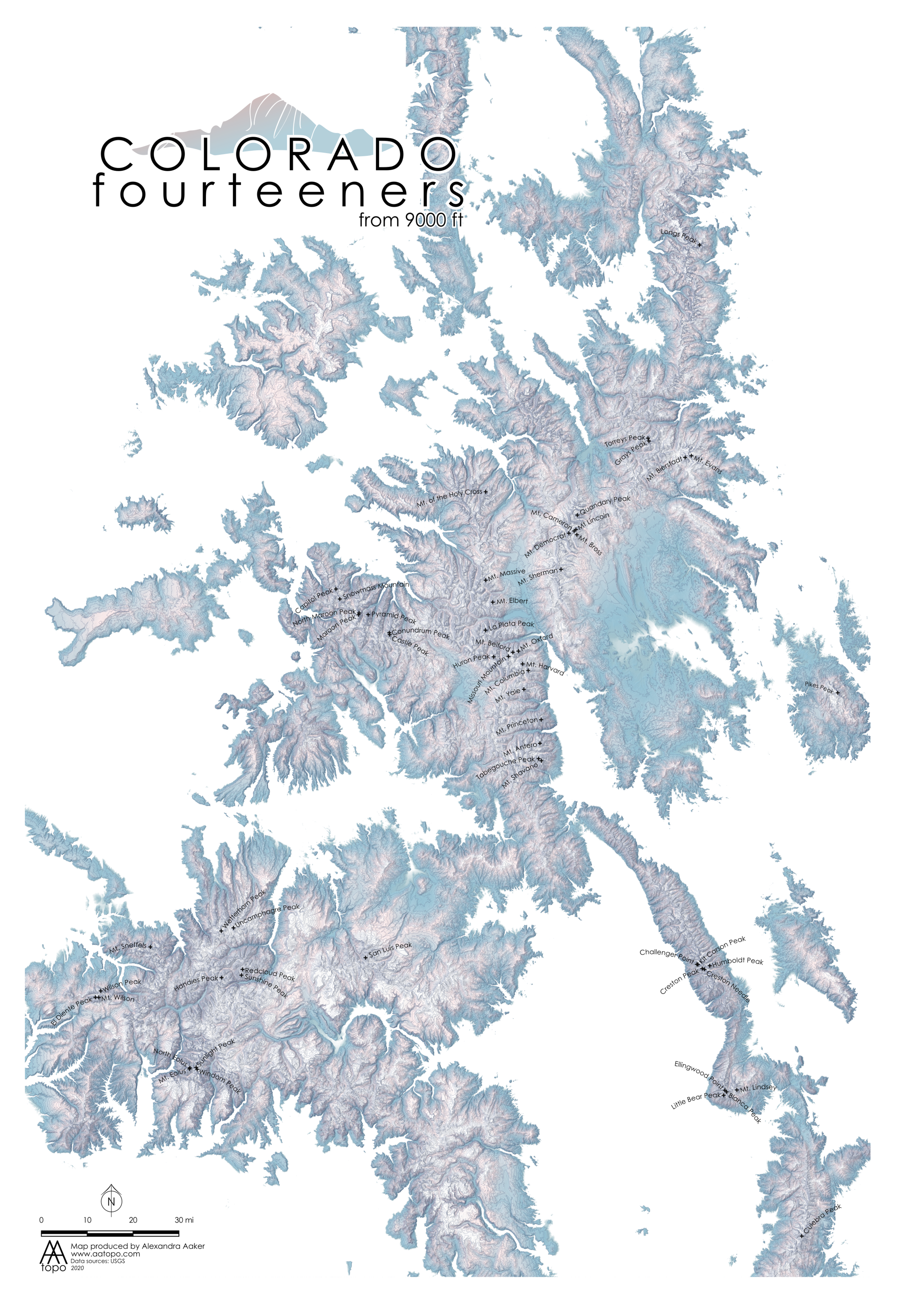 Colorado Fourteeners mapKnow someone who’s attempting to hike (or already has) all the fourteeners?  This is a unique map of the fourteeners that would be a great gift for hikers, backpackers and climbers.  Click here for my other map of the fourtee…