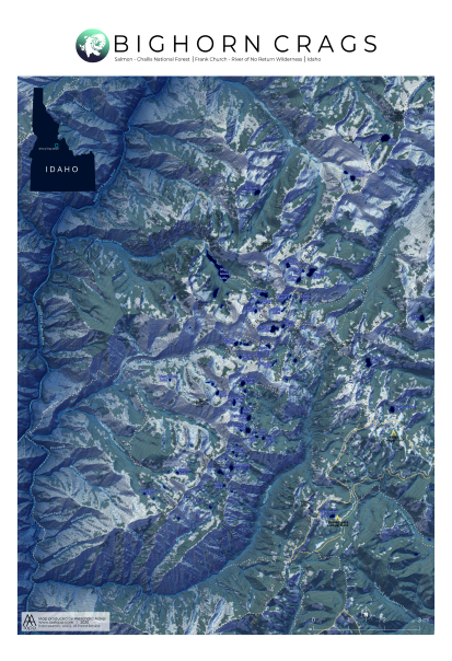 Bighorn Crags, Idaho mapHiking the Bighorn Crags in Idaho earns you alpine lakes and granite peaks. This map imagines the Bighorn Crags on a moonlit night.  A unique gift for hikers and backpackers.