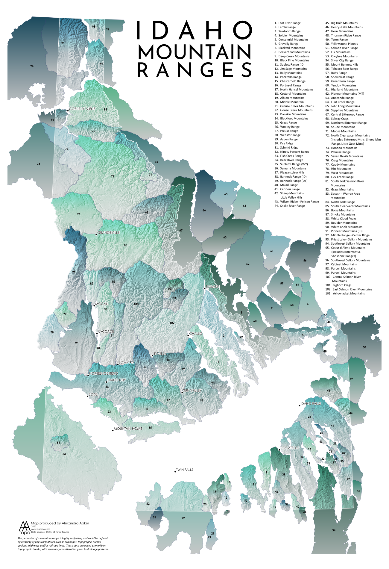 Idaho Mountain Ranges mapFor the mountain lovers in your life!  This map depicts Idaho’s mountain ranges and is a perfect gift for hikers and backpackers.