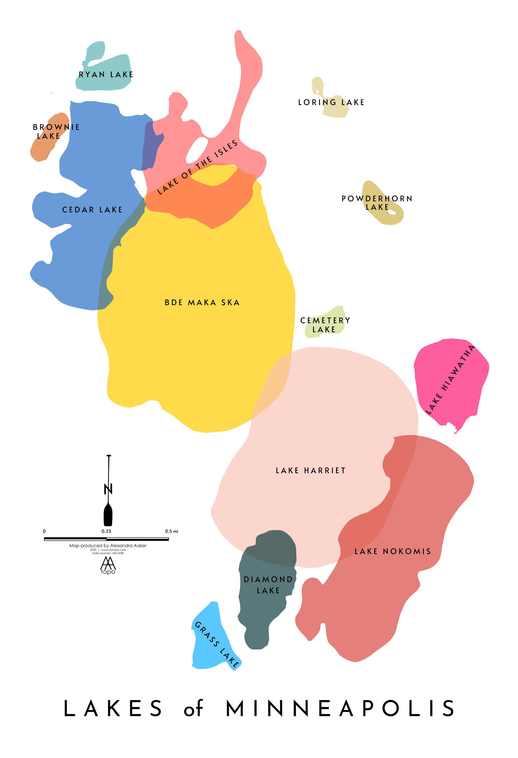 Lakes of Minneapolis mapA graphic representation of the largest lakes (5 acres or more) in the city of Minneapolis, shown at relative size and location.