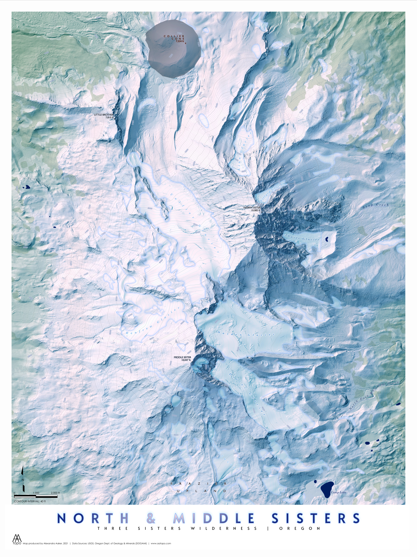 Three Sisters: North and Middle Sister Mountains map print