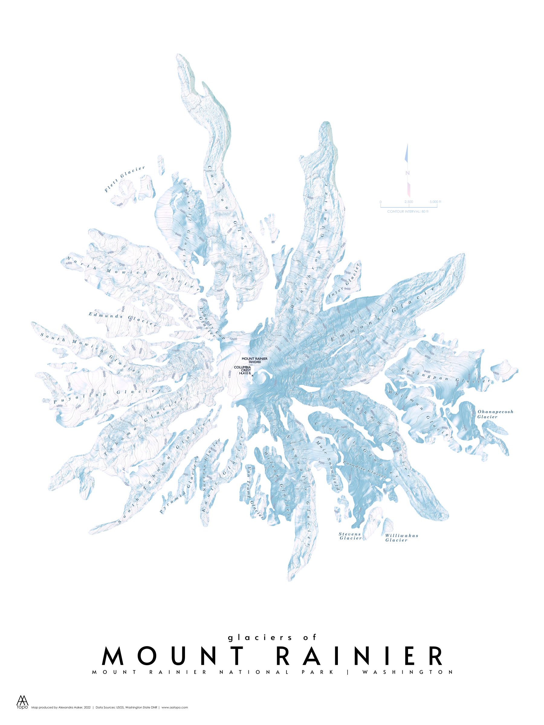 Mount Rainier Glaciers map print