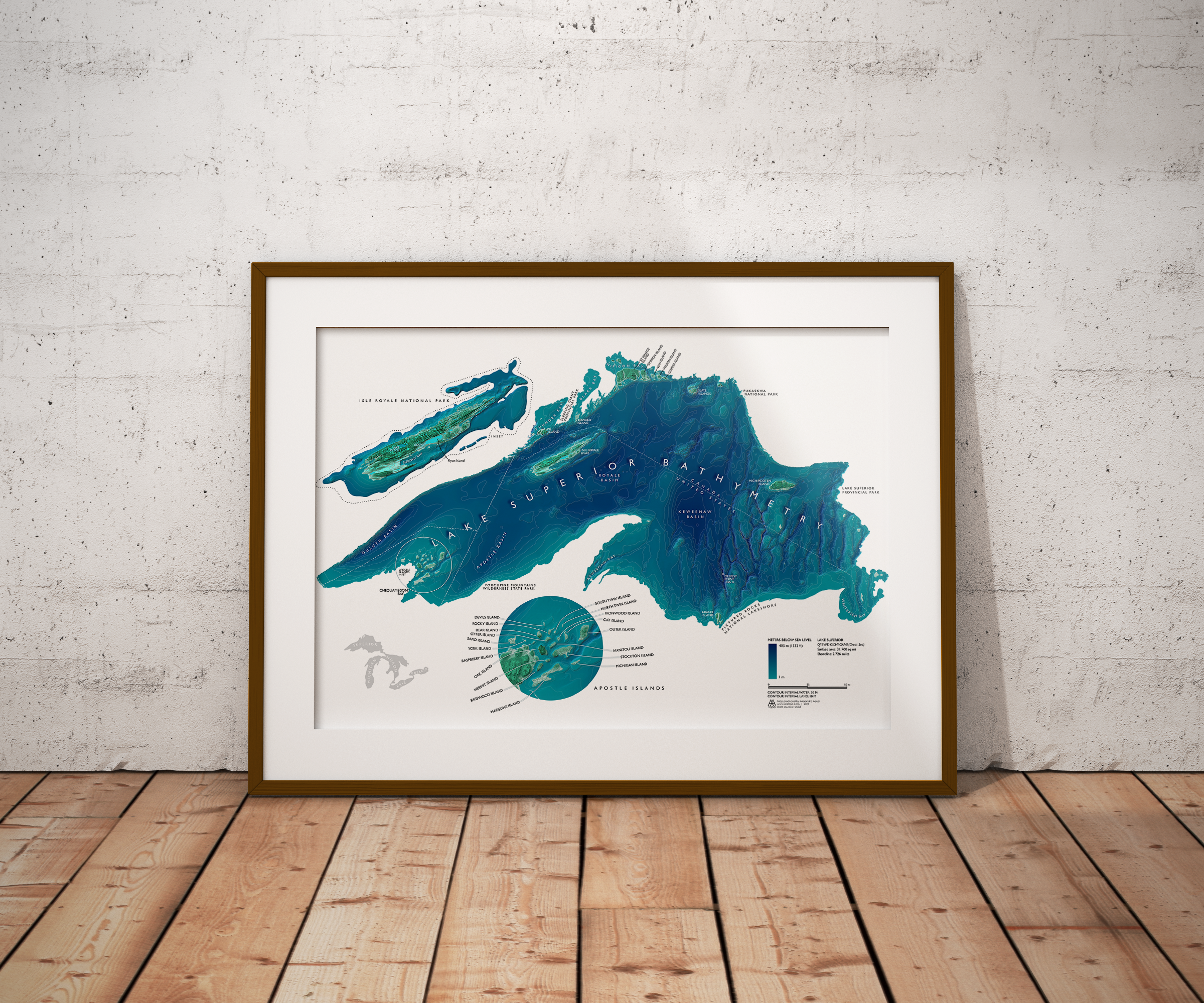 Lake Superior Bathymetric Art Print, Topographic Map