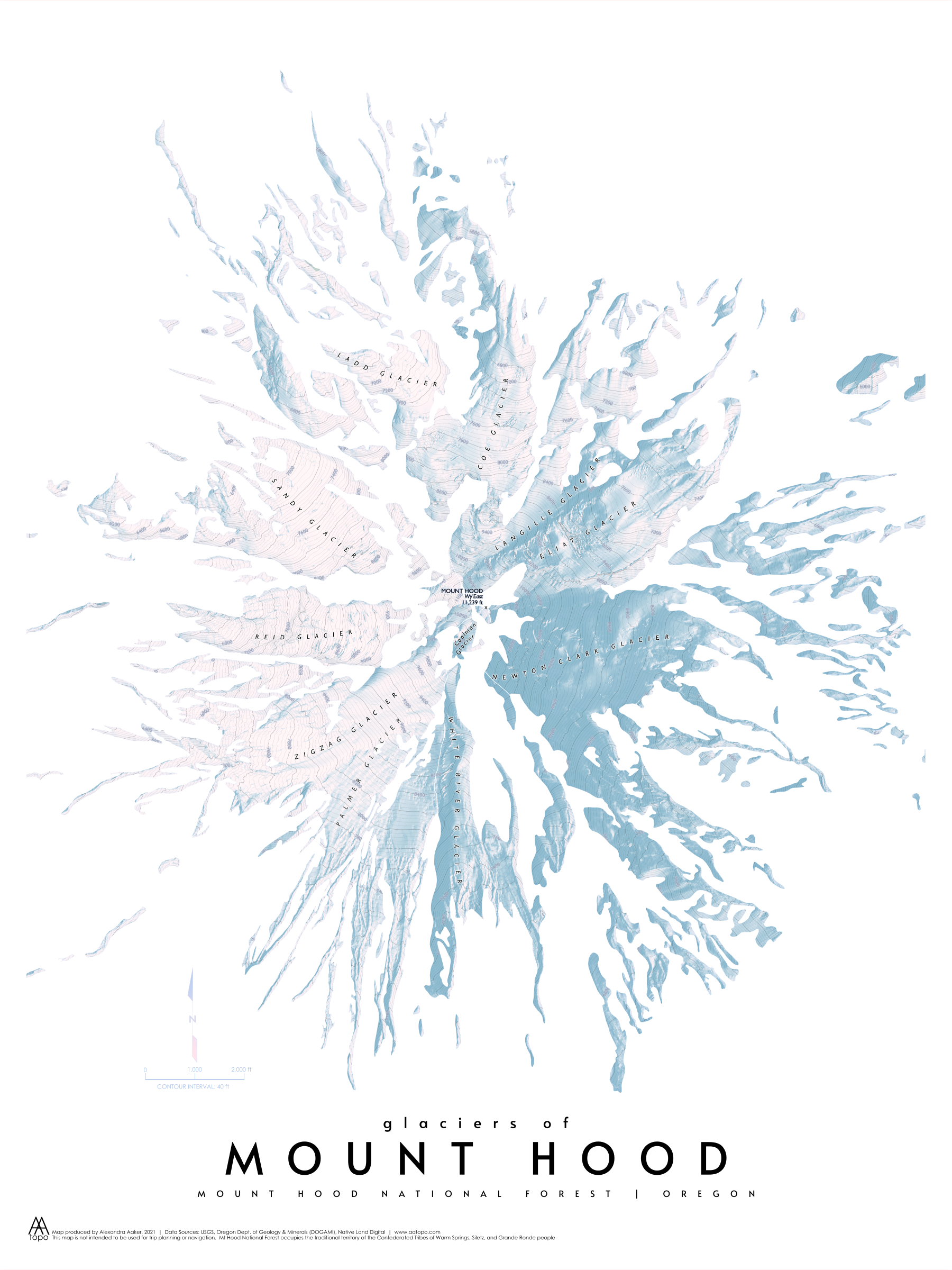 Mount Hood Glaciers map print
