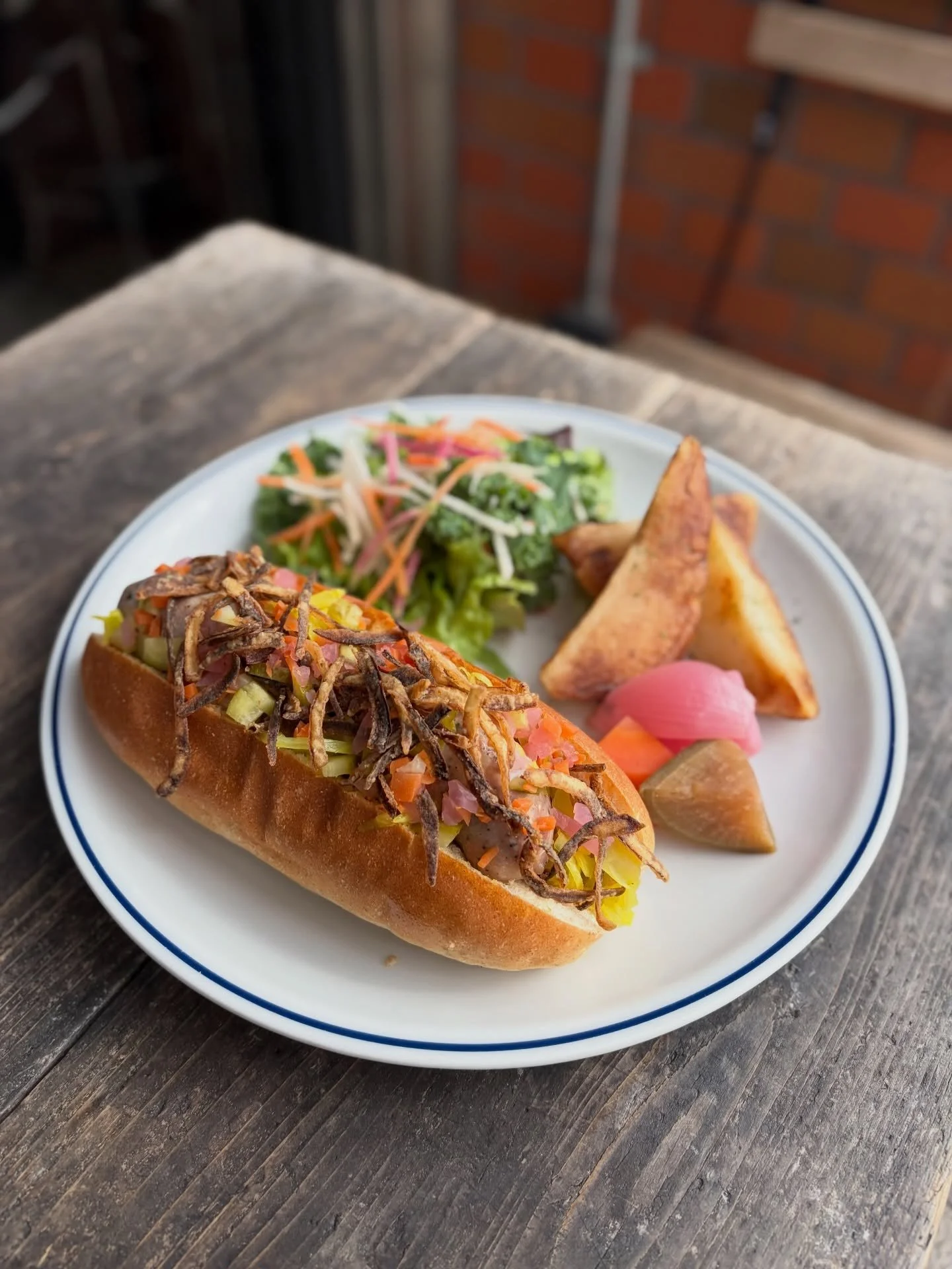 Asakusa Hot Dog!🌭

【Available from 11am 🕚】

W/Whole wheat bread, Salsiccia, Curry flavored cabbage, Onion fries, Salad &amp; Roasted potatoes

#tokyo #asakusa #cafe #brunch #hotdog