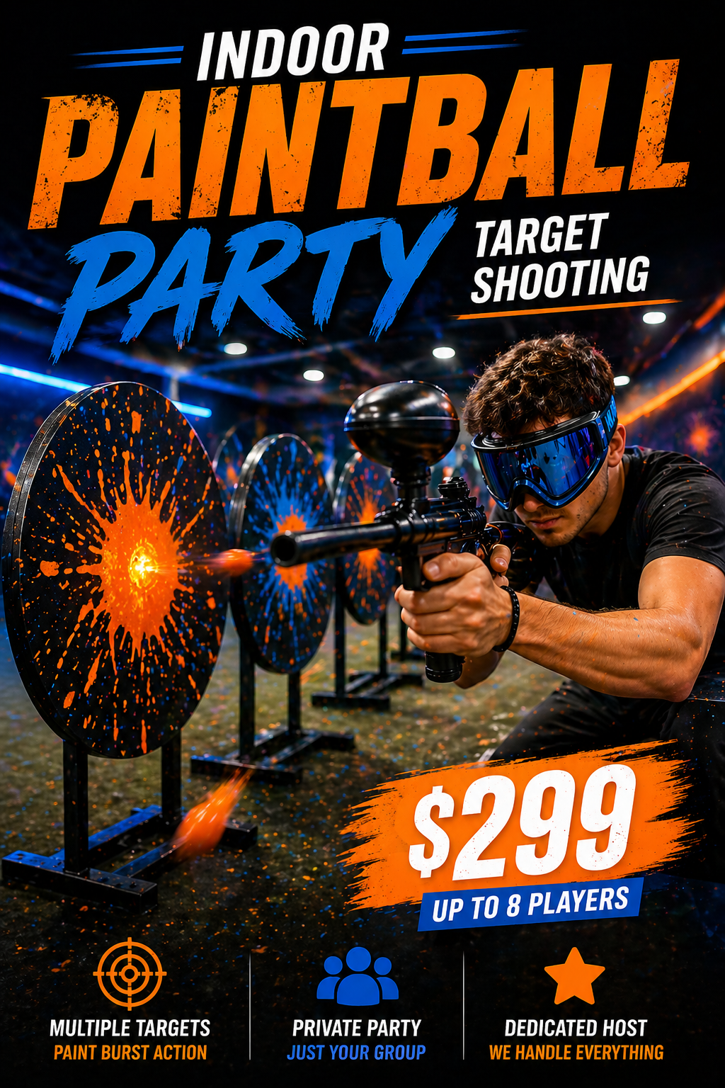 A man wearing protective goggles aiming a paintball gun at targets during an indoor paintball party with a dark background and colorful accents, promoting a package price of $299 for up to 8 players.