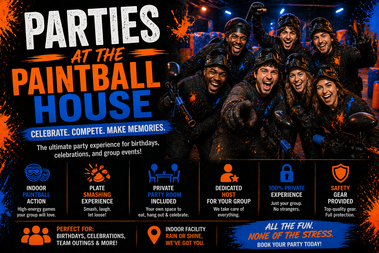 Promotional poster for a paintball party venue. Features a group of six people in paintball gear, smiling and ready for action. The text promotes indoor paintball, private party rooms, and safety gear, with a tagline encouraging celebrations and team outings.