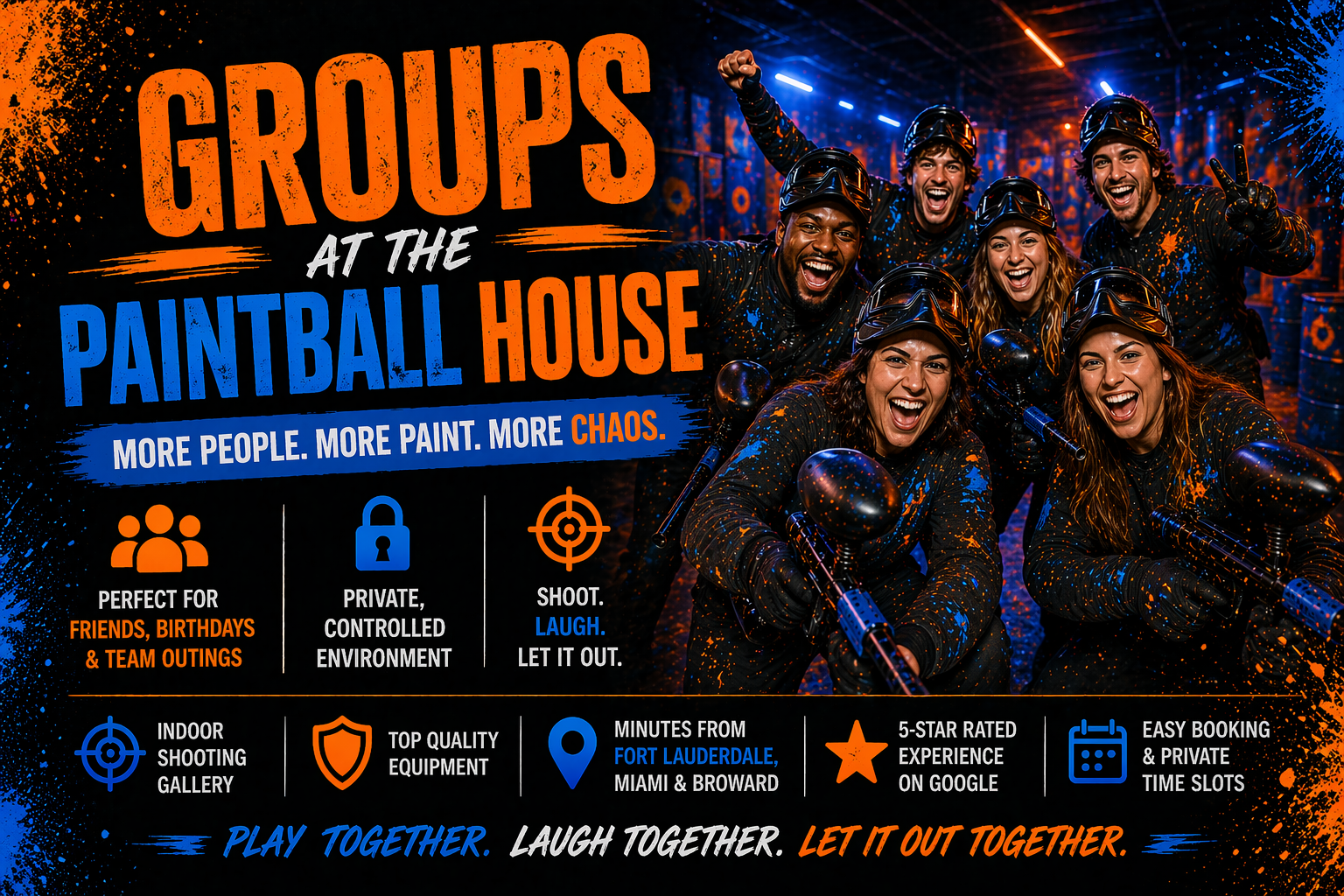 Group of seven people wearing paintball gear and protective masks, smiling and posing with paintball guns inside a paintball arena with colorful lighting and paint splatter designs.