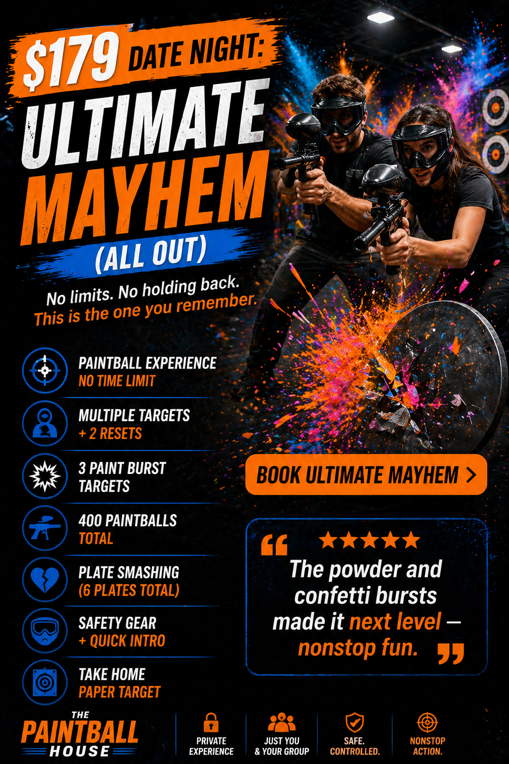 Promotional flyer for Ultimate Mayhem paintball event featuring two people wearing paintball masks and gear, holding paintball markers, surrounded by splashes of multicolored paint, with event details and a booking button.