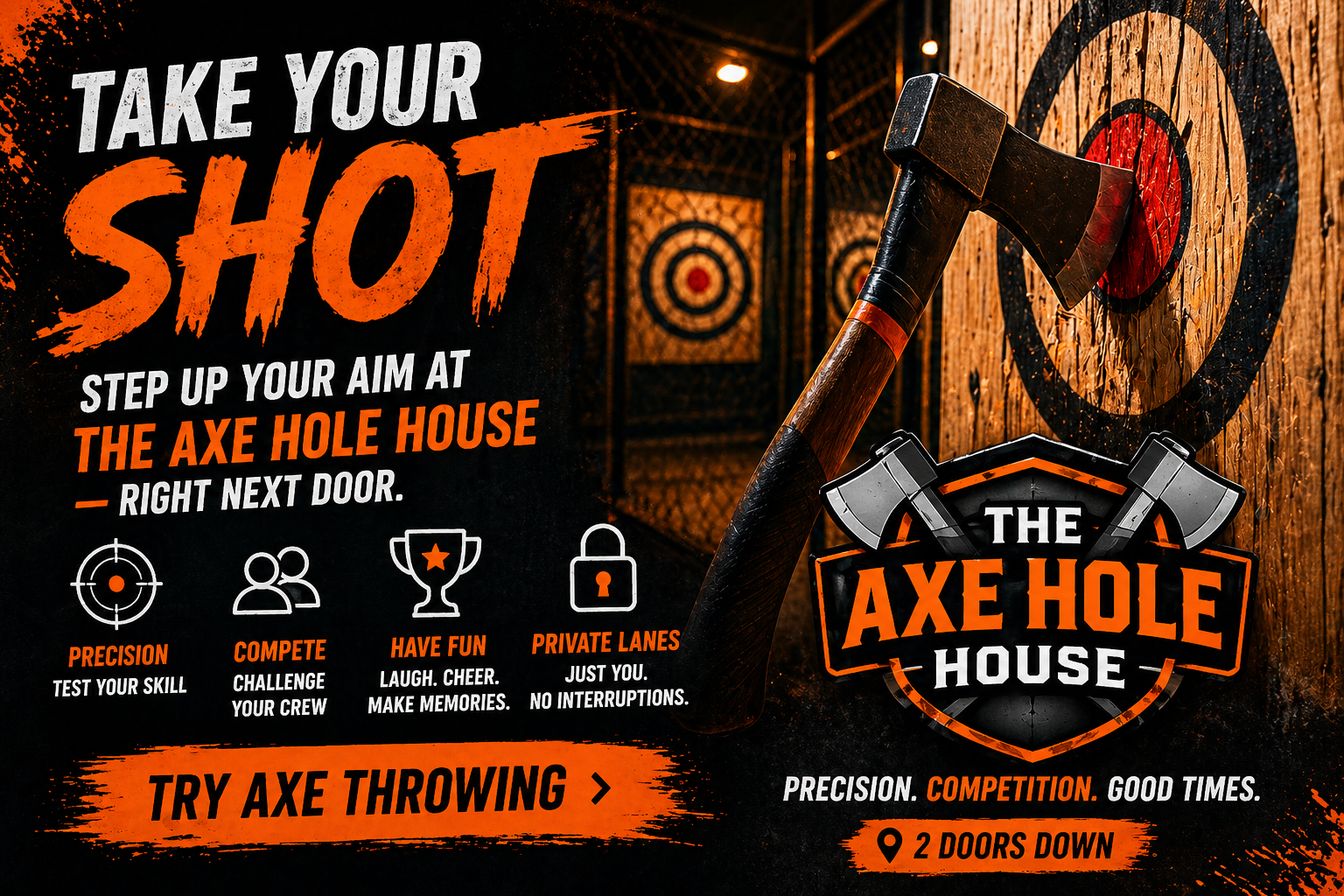Promotional poster for Axe Hole House, an axe throwing venue. The poster features a large axe embedded in a wooden target, with text promoting axe throwing activities, challenges, and private lanes. The colors are black, orange, and white, with icons illustrating precision, competition, fun, and privacy, and includes a location note of "2 doors down."