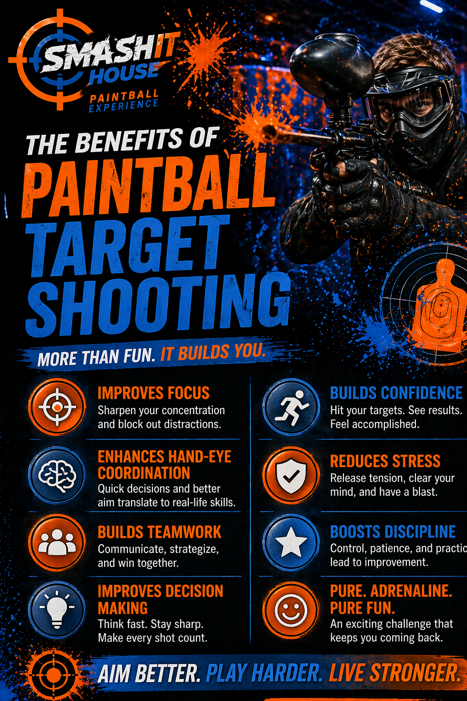Poster displaying benefits of paintball target shooting, with a person in protective gear aiming a paintball gun, and various icons highlighting focus, coordination, teamwork, decision making, confidence, stress reduction, discipline, and adrenaline.