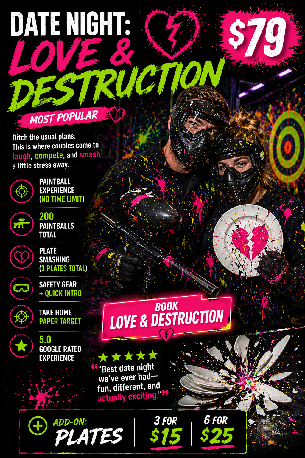 A promotional poster for a paintball event called 'Love & Destruction,' featuring a couple in paintball gear with paint splatters, text details about the event, and colorful graphics.