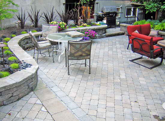 P12: Old Country Pavers, Diagonally Set Patio with CMU Wall