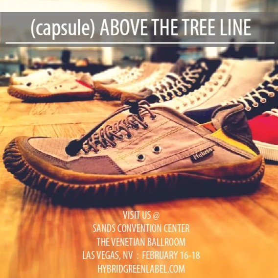 A pair of pink and brown sneakers with black laces on a wooden table, with other sneakers in the background. Text at the top reads '(capsule) ABOVE THE TREE LINE'. Additional text at the bottom provides event details for the Sands Convention Center, Venetian Ballroom, Las Vegas, NV, February 16-18, 2023, and a website link.