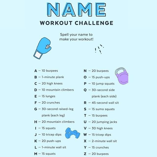 Spell your First AND Last name tomorrow for a full body workout.
Repeat: 2x beginners/ 3x intermediate/ 4x advanced
CHALLENGE:
1. Add a band
2. Add plyometrics by jumping between squats, lunges, burpees, etc.
✌🏼
.
.
.
.
DM us to get into a FREE clas