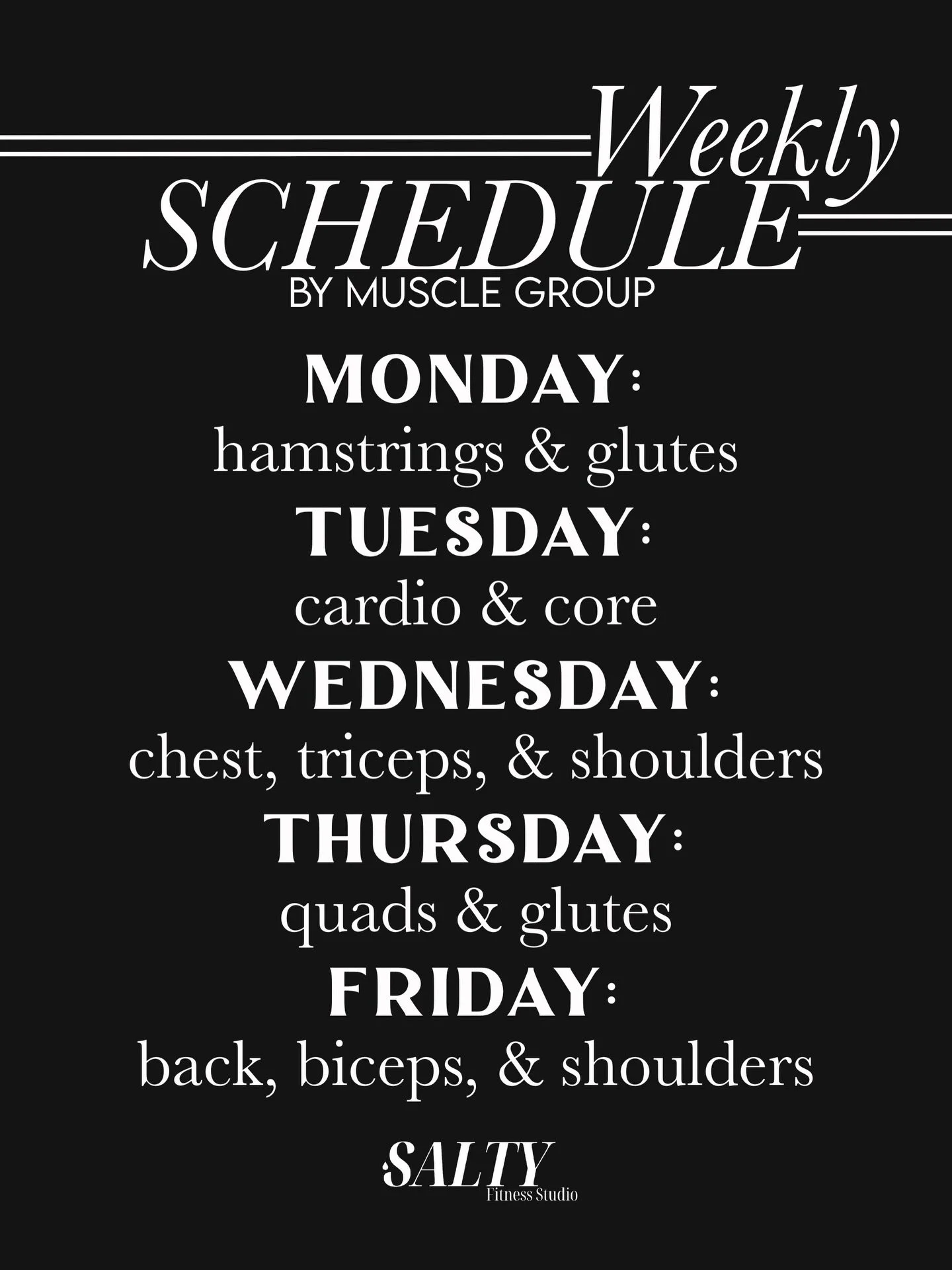 At Salty, we like to keep things fresh! each day we focus on a different muscle group. 

So if you&rsquo;ve ever wondered what you&rsquo;re working, now you know&hellip; we&rsquo;ve got you covered!

#saltyfitnessstudio #orangecountygym #femalefitnes