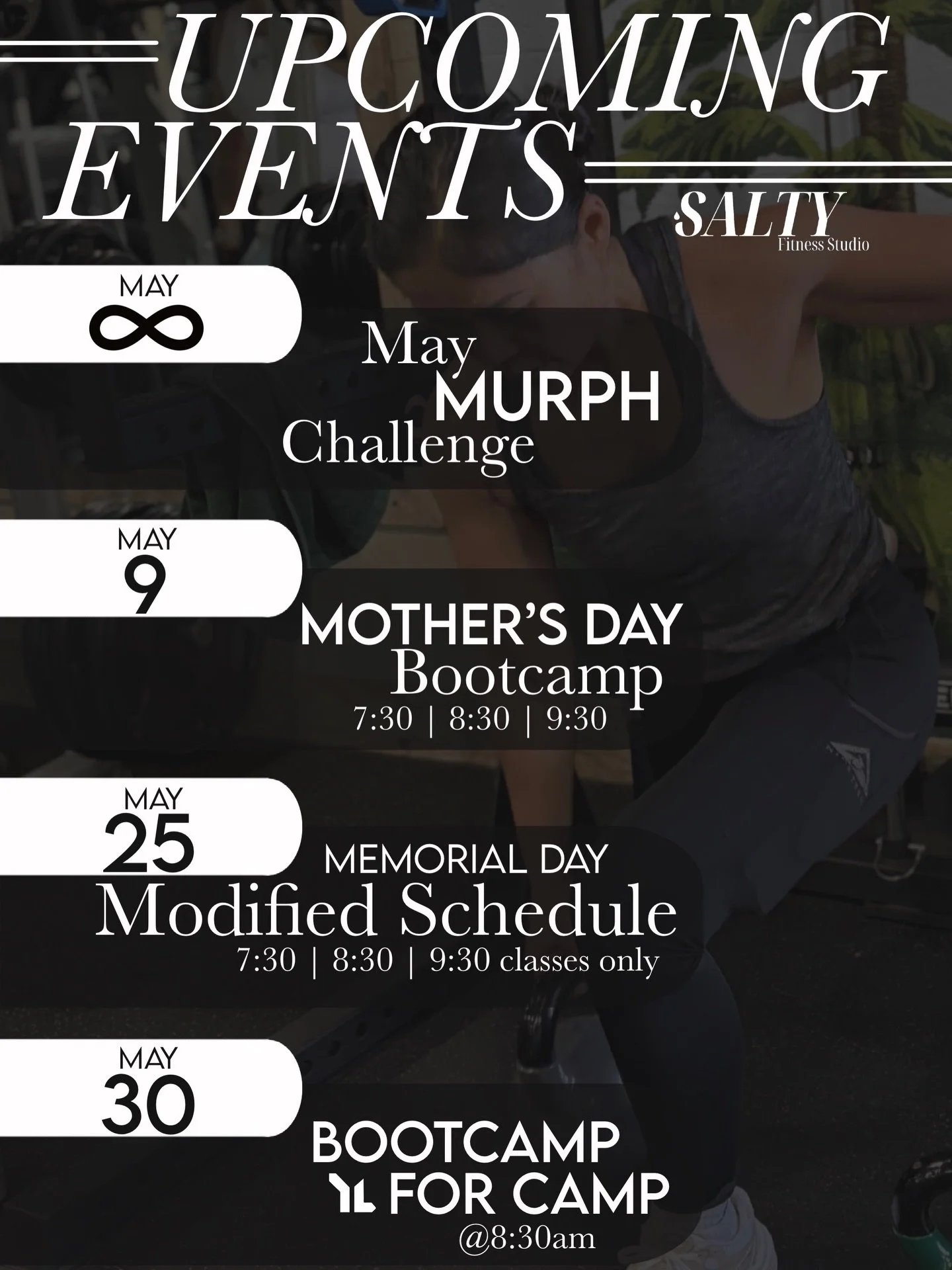 It&rsquo;s May!! Anyone else feel like this month is jam packed with soooo much to do?! 

We know you&rsquo;ve got bus schedules, but be sure to make time for yourself and work out with us! Summer is right around the corner. 👀 

#saltyfitnessstudio 