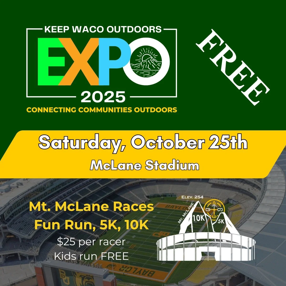 The Keep Waco Outdoors Expo and Mt. McLane Races are back! Join us on Saturday, October 25th, at 8:00 am for a morning filled with community, outdoor adventure, and fun for all ages.

The Expo is completely free&mdash;come explore local outdoor clubs