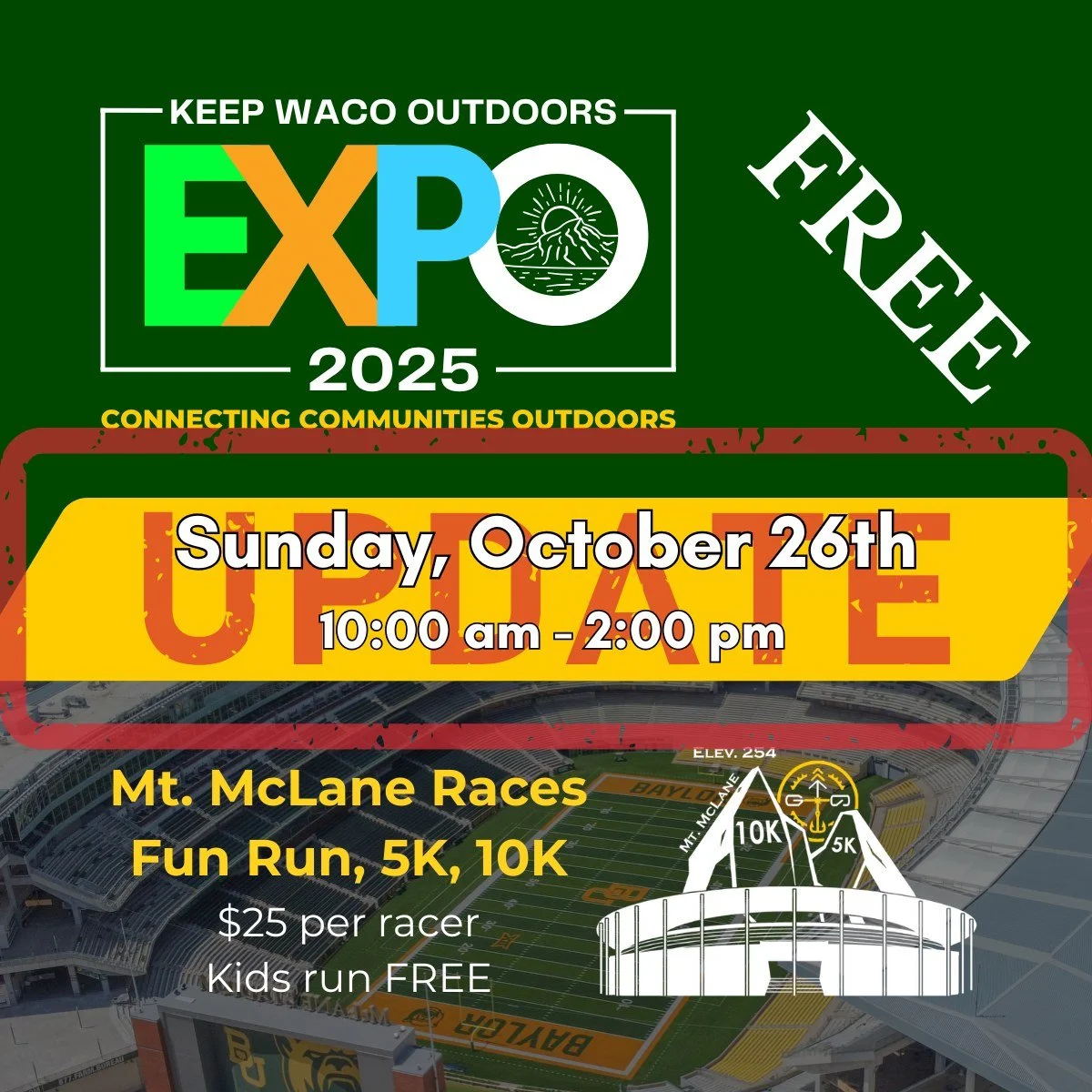 Event Update: New Date & Time!
Due to the thunderstorms expected on Saturday, the Mt. McLane Races and Keep Waco Outdoors EXPO have been moved to THIS Sunday, October 26th, with a new time of 10:00 AM – 2:00 PM.
Join us Sunday for a great
