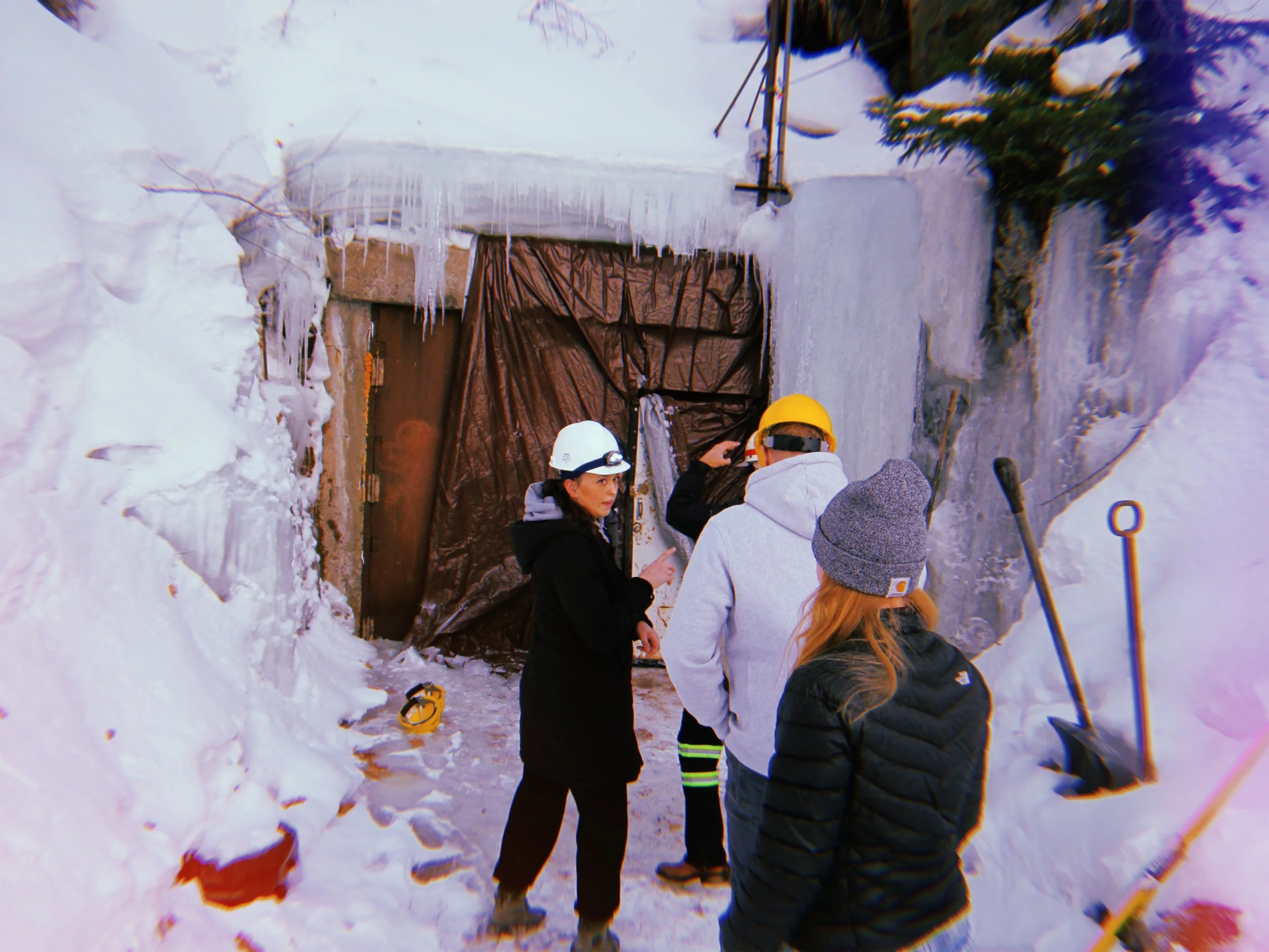 Producer Kathryn bringing the extras into the mine.