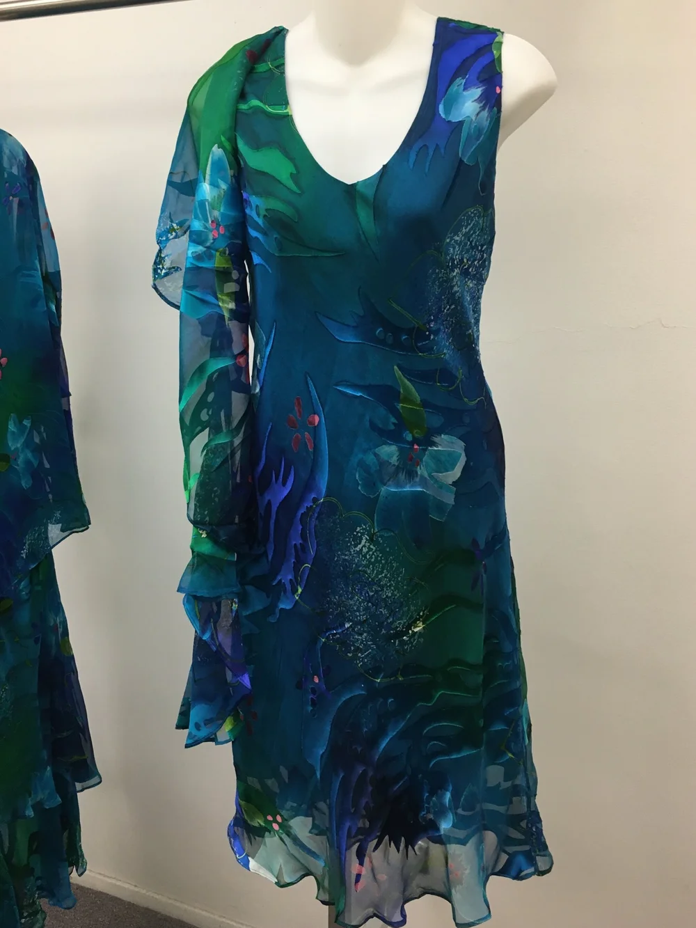 hand painted silk dresses Hand-painted Dress: Green Orchid Wearable Art Gown Bodice fitted at front with open back rare-zandra-rhodes-handpainted-silk-dress-circa-1980s portmanteau New york
