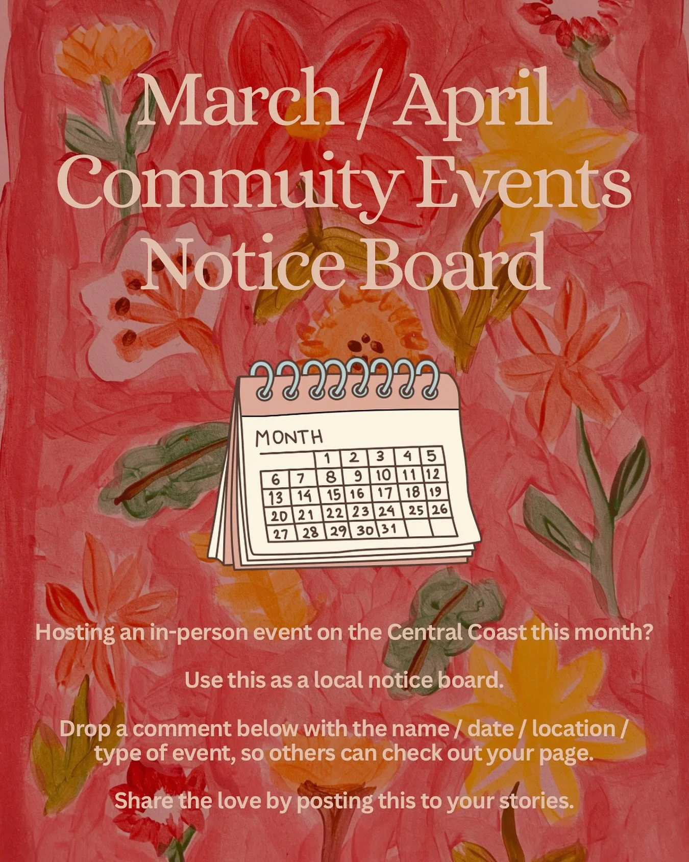 🗓️ March and April in-person events on the Central Coast👇🏻

Don&rsquo;t be shy, share your own local, in-person events in the comments (even if I don&rsquo;t know you), or tag someone you know who&rsquo;s hosting something.

#localeventscentralcoa