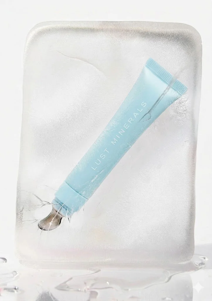 A testing tube labeled 'Lust Minerals' encased in a block of ice with a crack near the bottom.