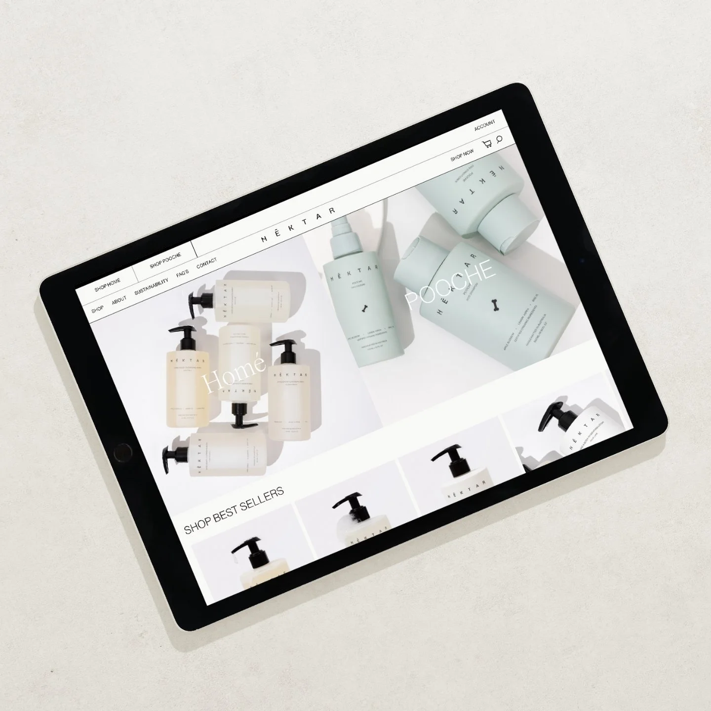 Digital tablet displaying a website with minimalist skincare product design, including bottles with pump dispensers in neutral colors.