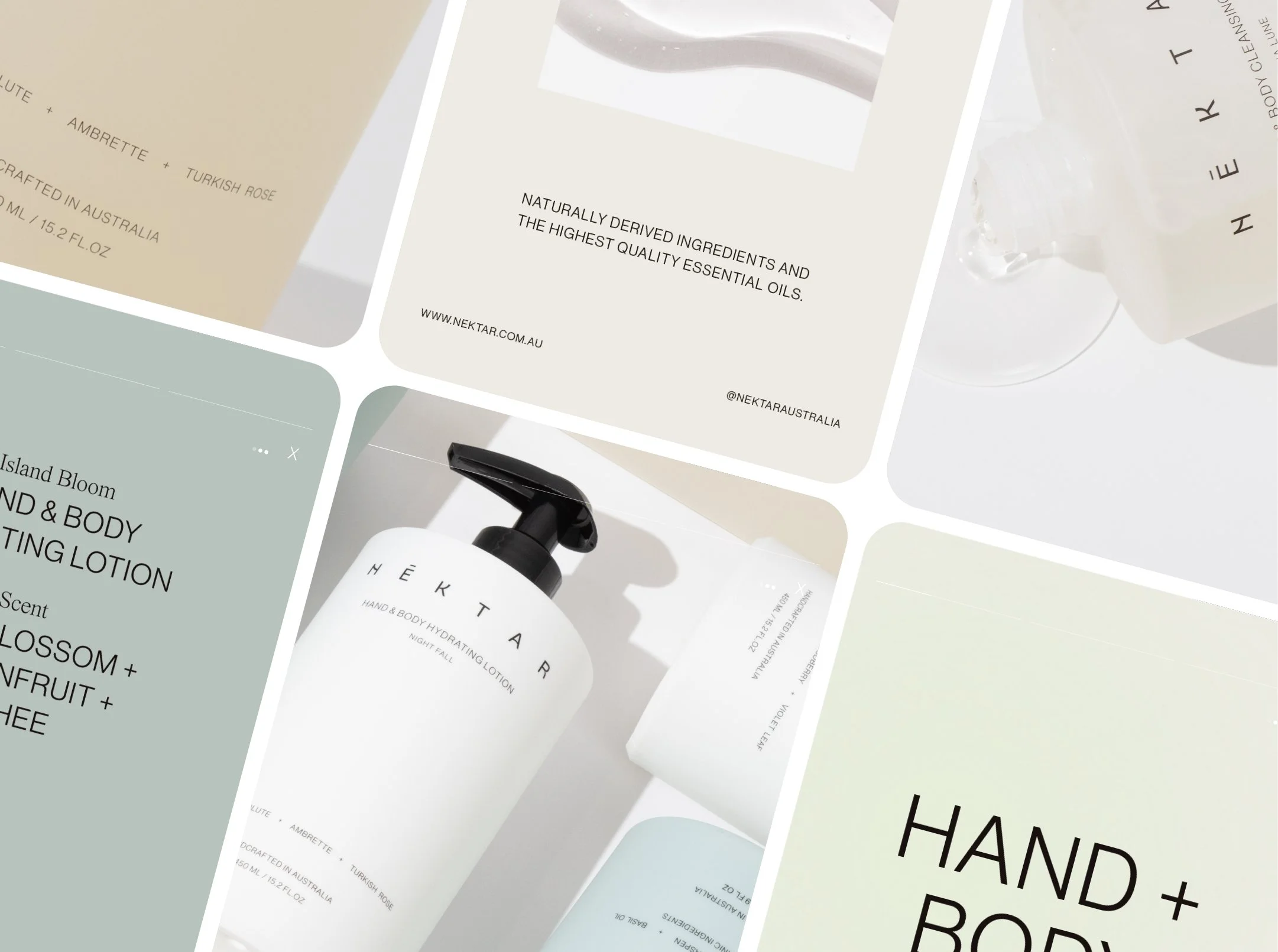 Collage of skincare products, including a white pump bottle labeled 'Hektar Hand & Body Hydrating Lotion' and other packaging with minimalist design and black text.