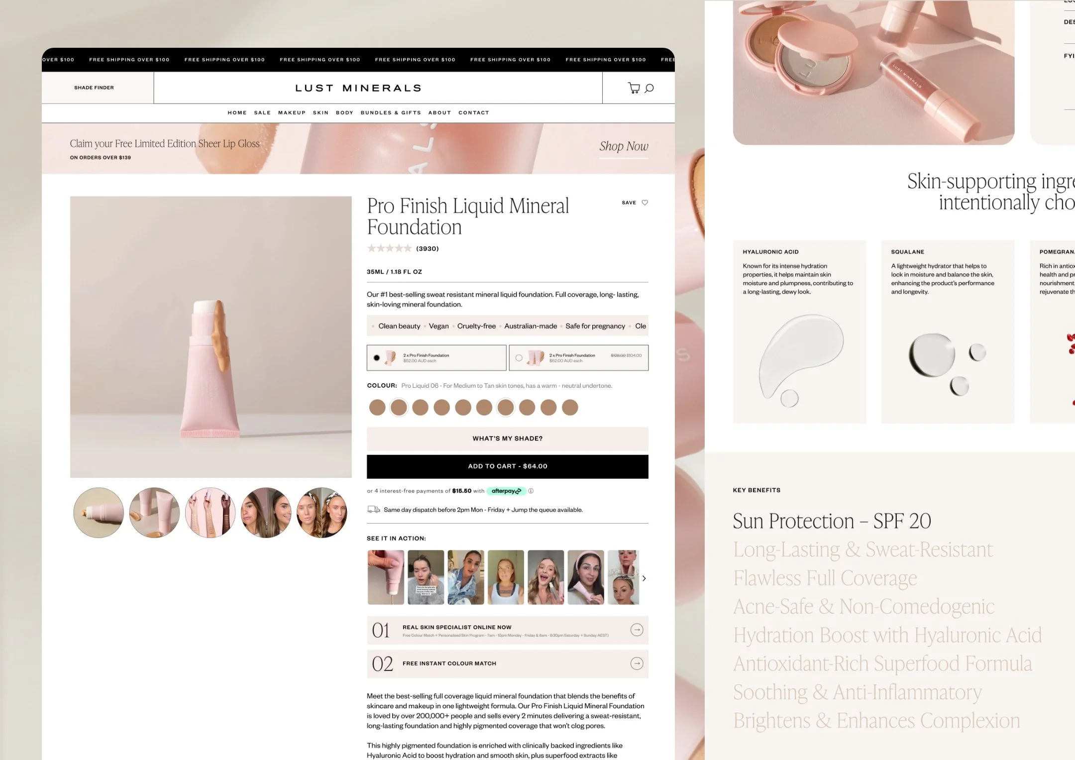 Screenshot of an online makeup product page for Pro Finish Liquid Mineral Foundation, featuring a pink bottle, color options, and various images of application and models.