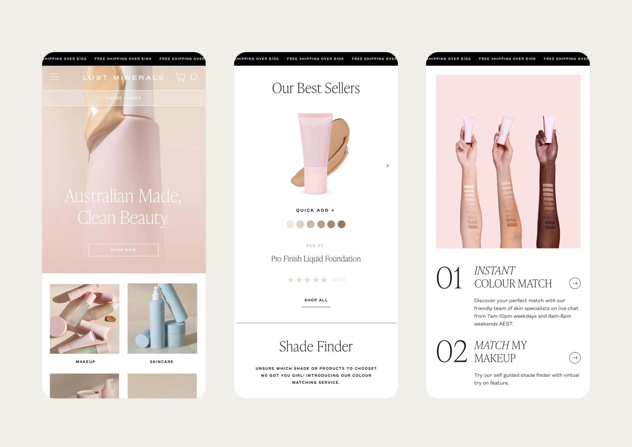 Three mobile app screens displaying a beauty and cosmetics online store, featuring makeup and skincare products, shade matching tools, best sellers, and product details.