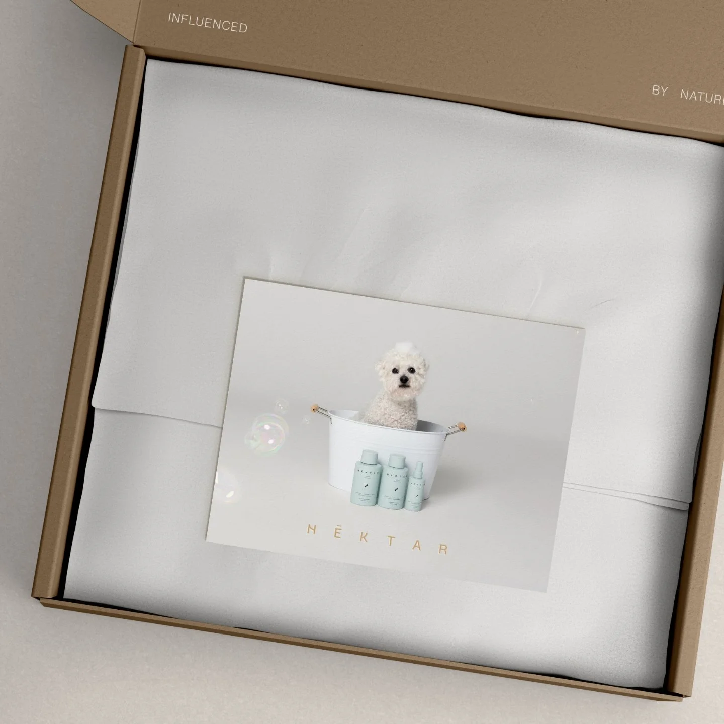 Open cardboard box containing a printed photo of a small white dog in a bucket, surrounded by bottles of skincare products and bubbles, with the word 'NĒKTAR' beneath.