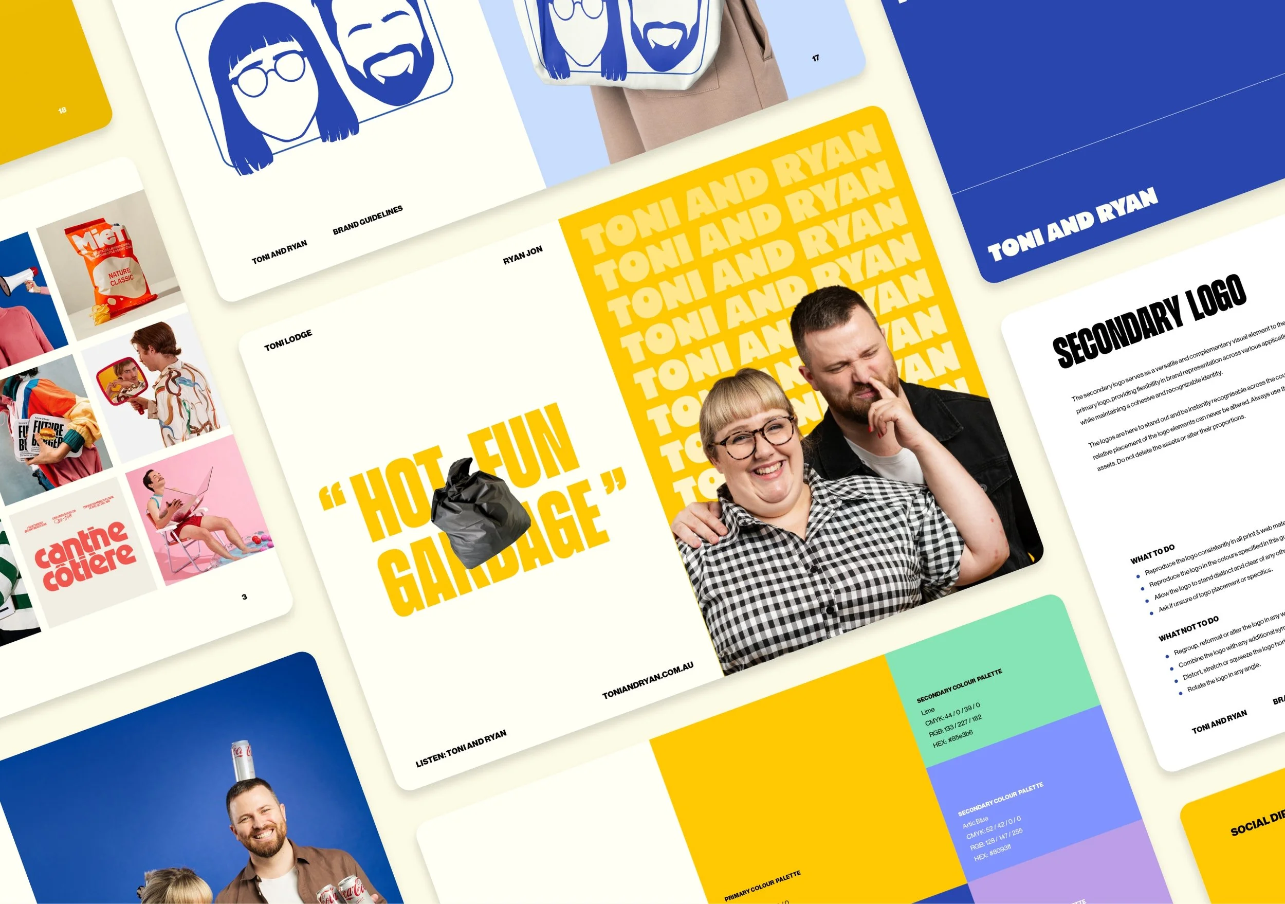 Collection of branding and promotional materials for Toni and Ryan, including logo concepts, color palettes, a photograph of a smiling woman with glasses and a man, and various design elements.