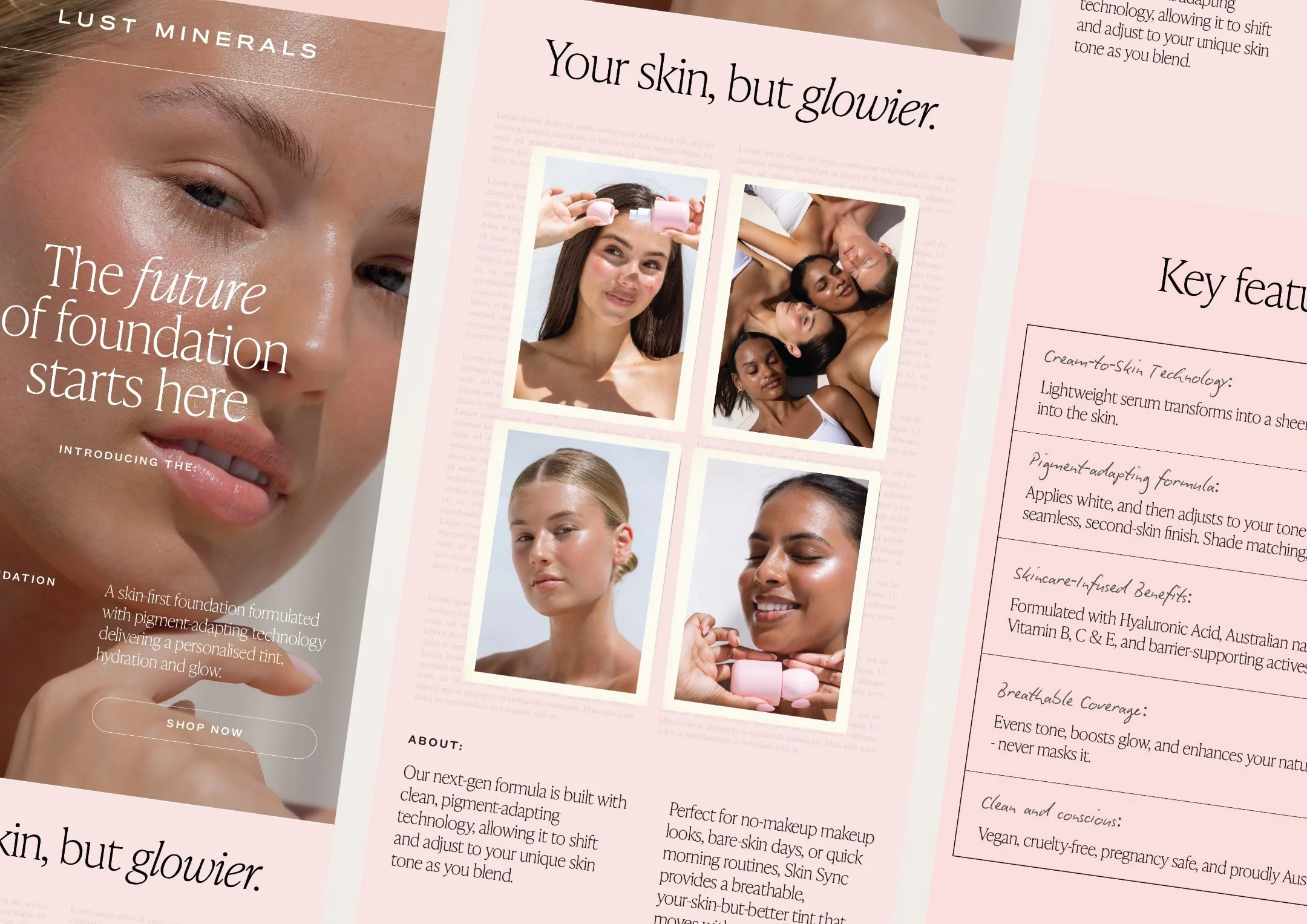 A skincare product advertisement featuring a large close-up of a woman with glowing skin on the left side, with smaller images of diverse women applying skincare products and enjoying their skin on the right. The text highlights the benefits of foundation and skincare technology, such as glow, hydration, and breathability.
