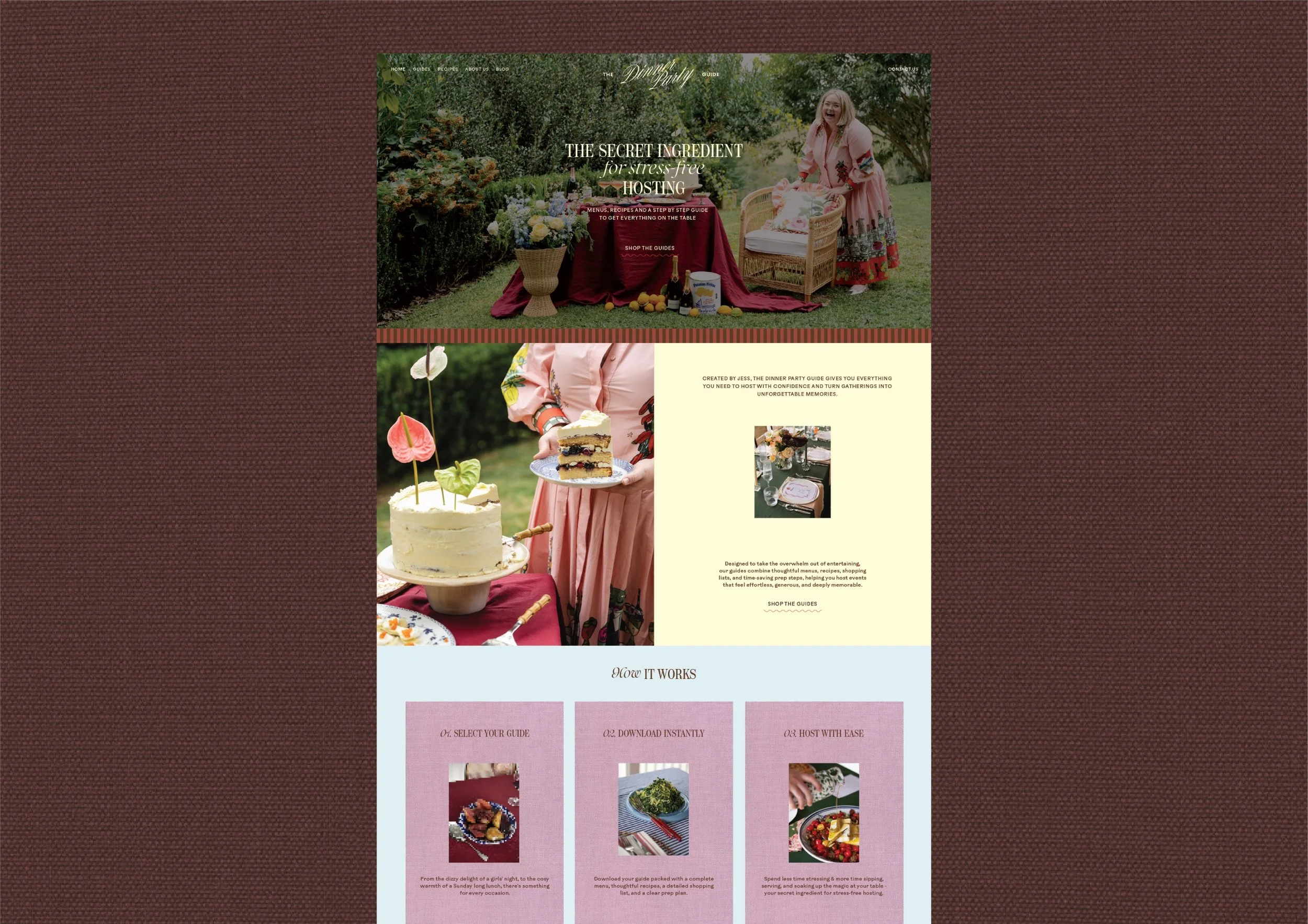 A webpage titled 'The Dinner Party Guide' featuring a garden scene with a woman in a pink dress standing behind a table of food and drinks, and close-up images of a layered cake and a salad on a pink and blue background.