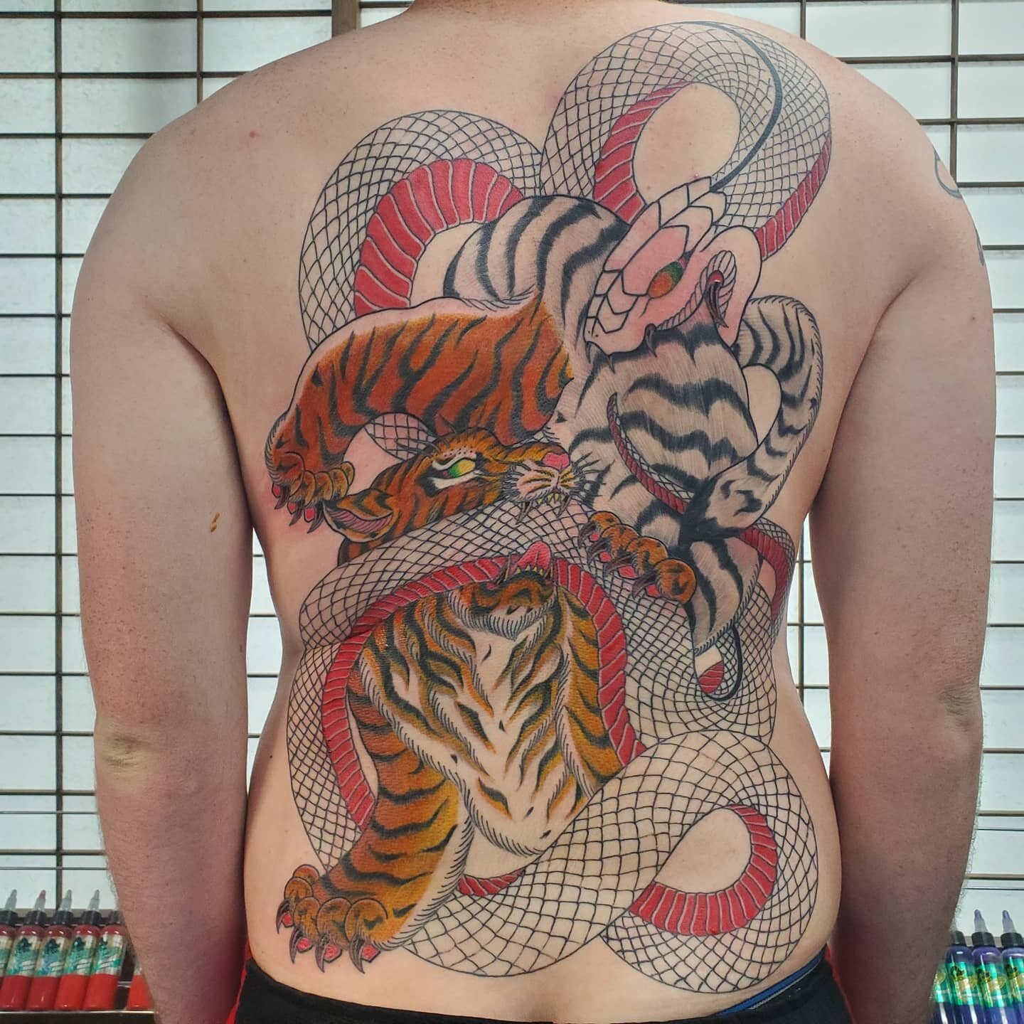 Large snake and sword tattoo done on the back.