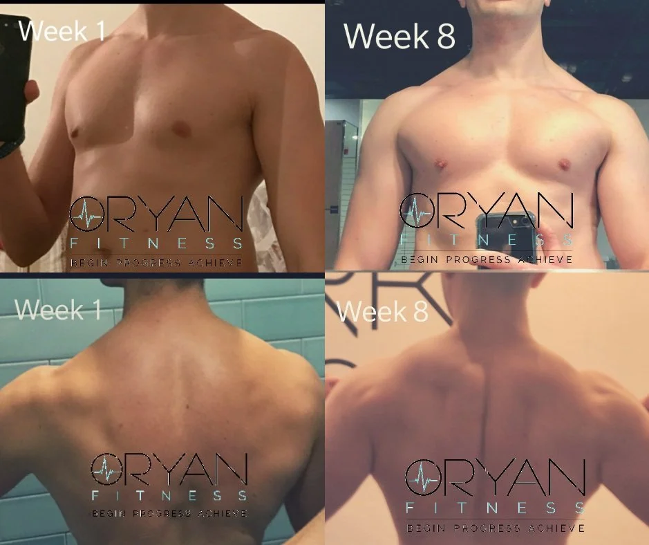 Side-by-side comparison of two muscular men's upper bodies at week 1 and week 8 of a fitness program, showing physical progress.