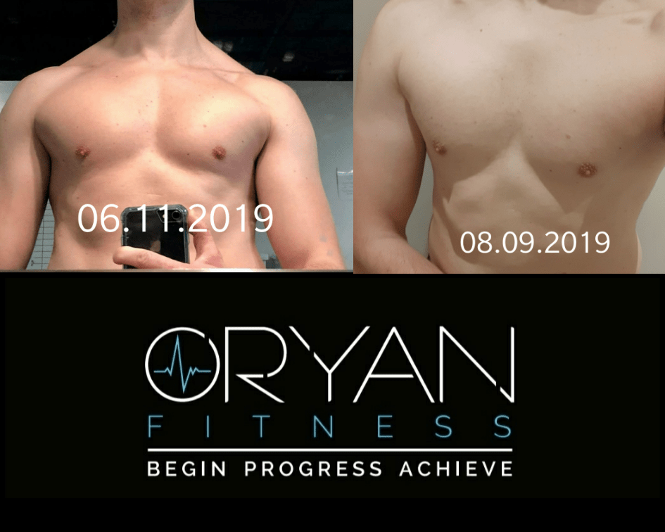 Comparison of a man's chest taken on June 11, 2019, and August 9, 2019, showing physical progress. The image also features the logo for Oryan Fitness with the tagline 'Begin Progress Achieve.'